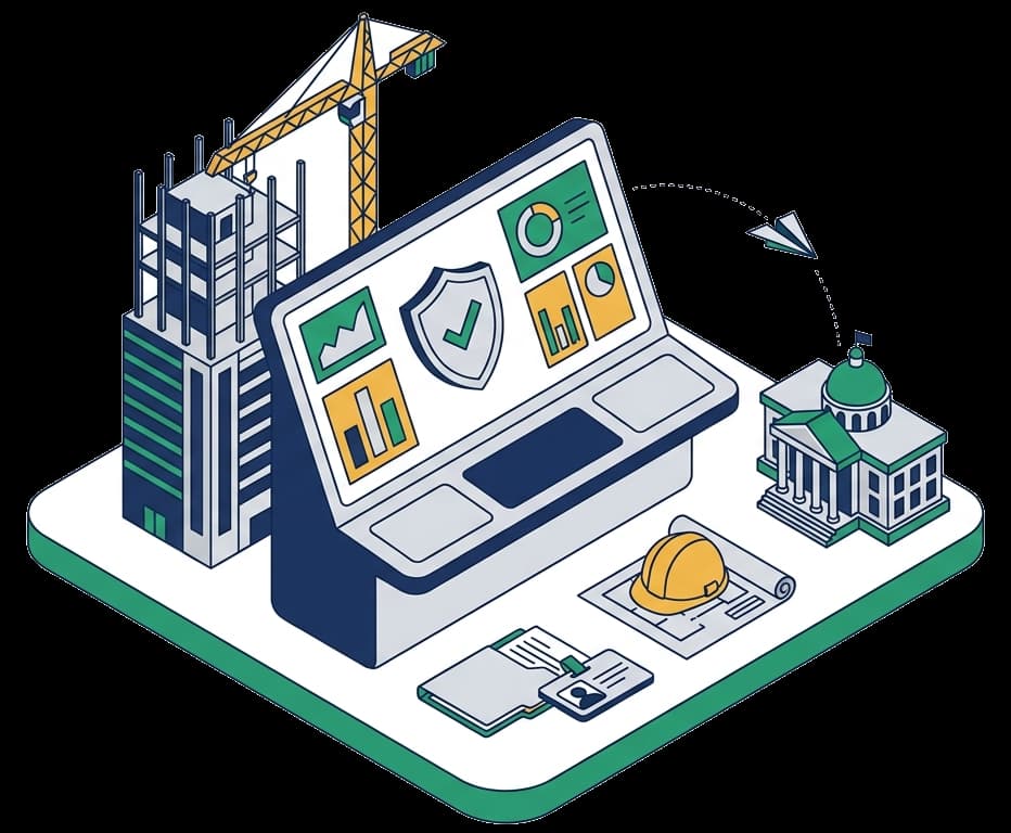 Ilustración isométrica: flujo de cumplimiento PLD de LexBuild, del expediente al aviso ante el SAT